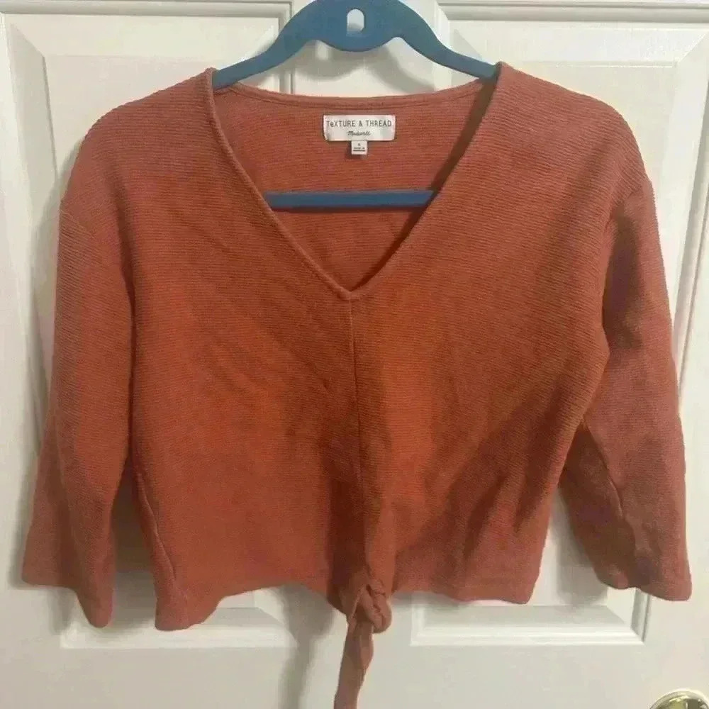 3/$30 Madewell Texture & Thread Long-Sleeve Tie-Front Top Rust Ribbed Small - Picture 3 of 6